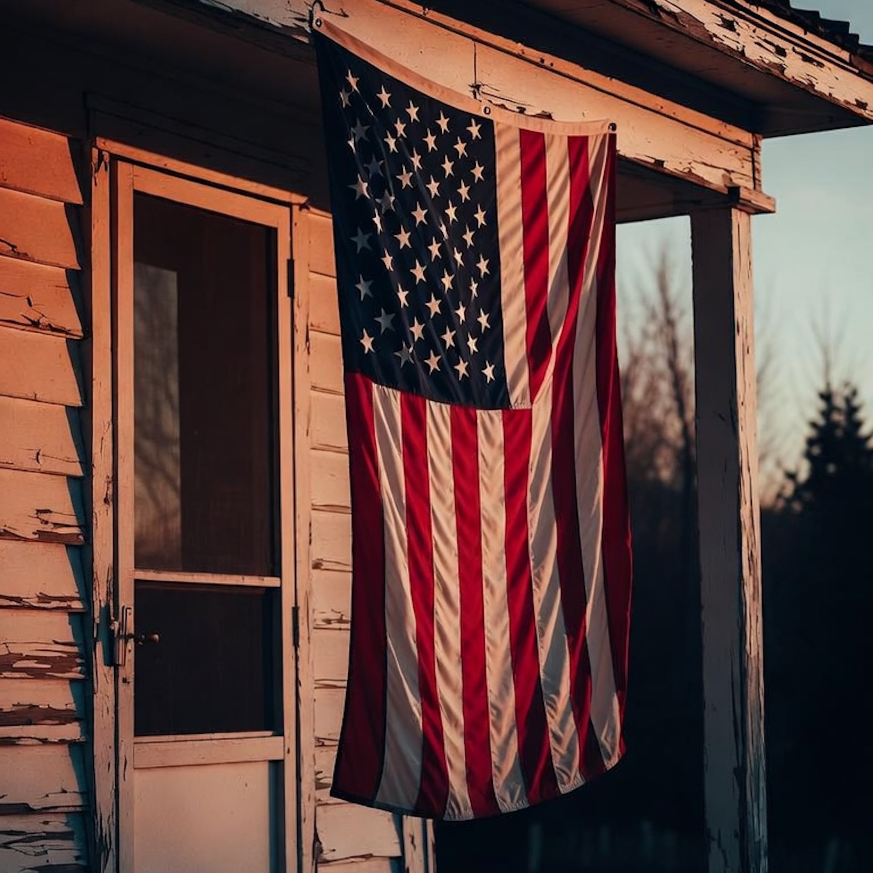 I’m Still Proud cover art — lone worn American flag hung on a peeling porch at dusk — Reverend Gregory, DD · Front Porch Truths · 30A Records